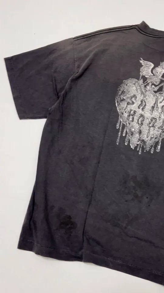 SAINT Mxxxxxx × NEIGHBORHOOD STHD . SS TEE FEARLESS/BLK NBHD Takizawa Shinsuke co-branded whiskey label/love skull angel distressed short sleeves washed black S-XL tube weave without side seam fabric ready-made Assute dyeing custom-woven NBHD co-branded main mark washed mark truly correct version top-level printing process restoration distressed treatment